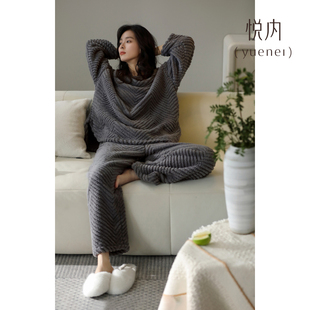 睡衣女士秋冬季 保暖圆领套头 冬款 法兰绒加厚加绒珊瑚绒家居服长款