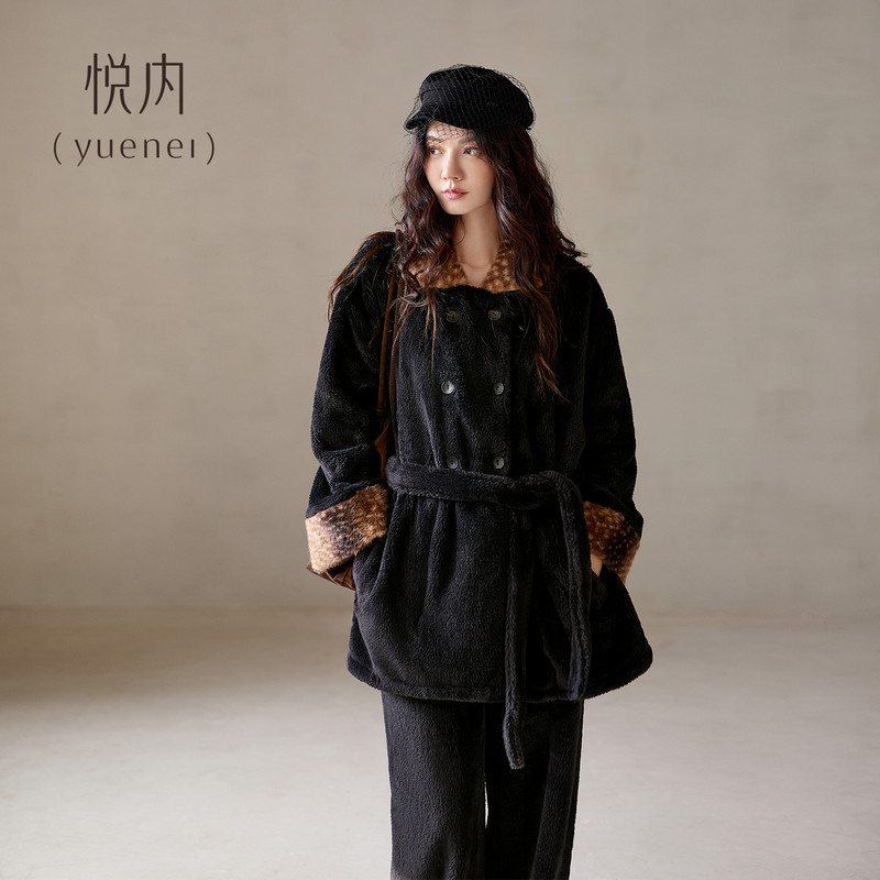 悦内睡衣女士秋冬季法兰绒加绒加厚保暖珊瑚绒舒适家居服睡袍浴袍
