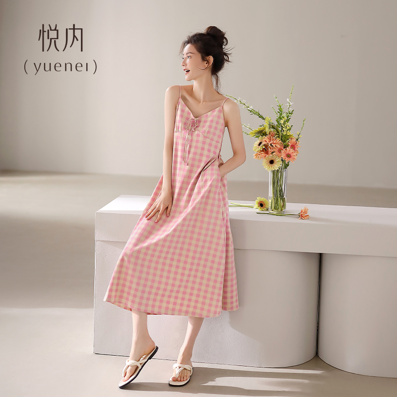 悦内带胸垫一体睡裙女款睡衣夏季夏天款纯棉吊带背心格子粉色少女