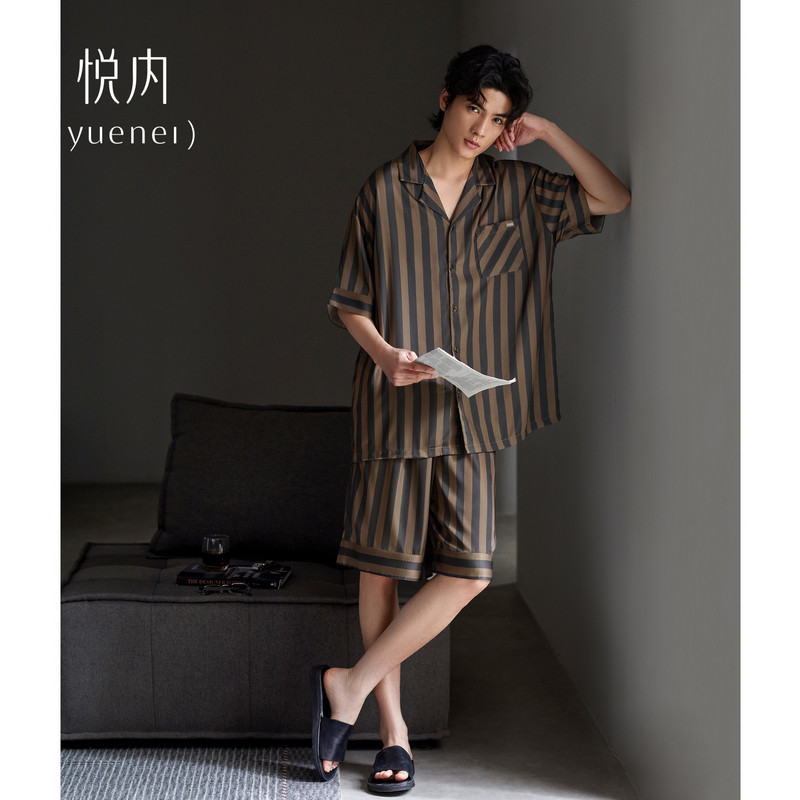 悦内睡衣男士夏季冰丝短袖短裤丝绸家居服薄款宽松条纹开衫高级感