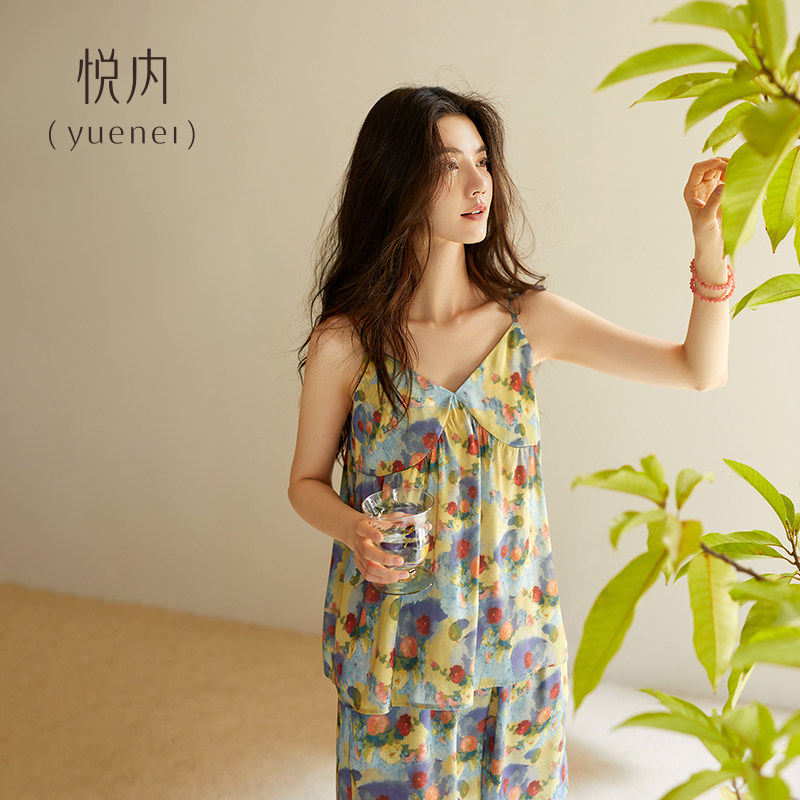 悦内带胸垫睡衣女款夏季夏天冰丝绸吊带背心短裤家居服油画风套装,女士内衣/男士内衣/家居服,睡衣/家居服套装,淘宝优惠券,粉丝福利购,淘宝优惠卷