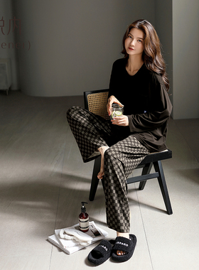 悦内睡衣女士春秋款秋季纯棉长袖家居服圆领套头可外穿黑色高级感