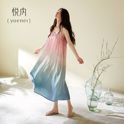 悦内带胸垫睡裙女士睡衣夏季夏天冰丝吊带背心大码丝绸长裙渐变粉