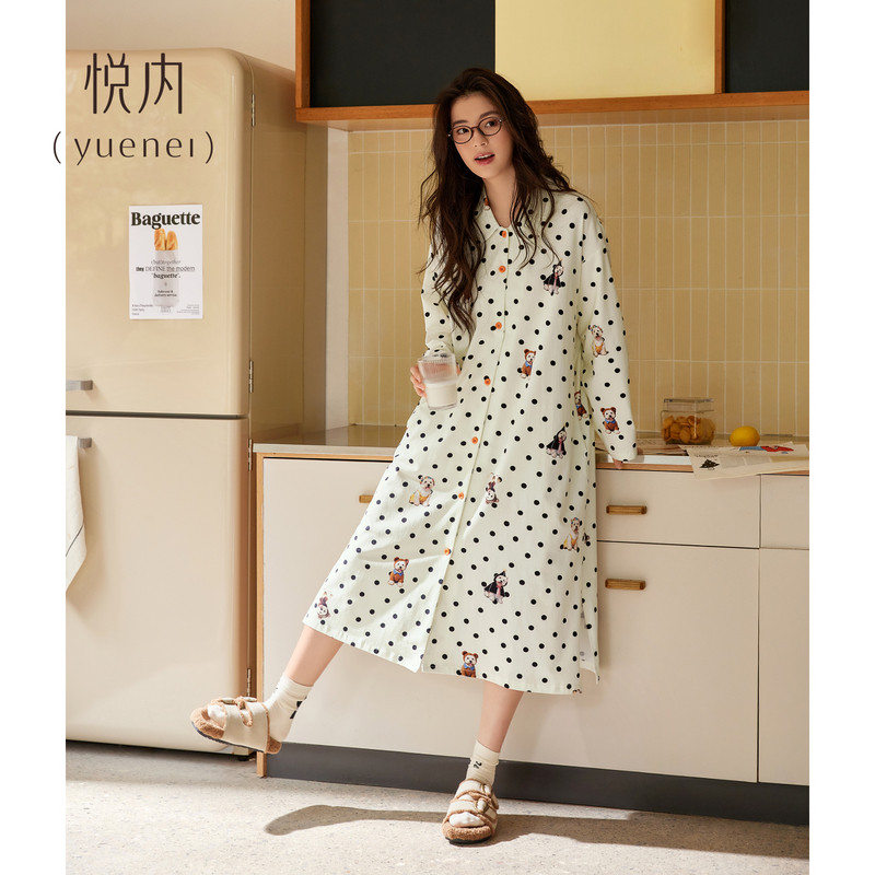 悦内睡裙女士春秋款纯棉长袖娃娃领开衫长款可爱卡通大码居家睡衣