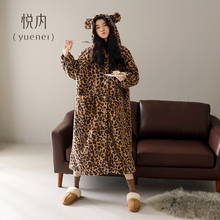 悦内睡裙女睡衣秋冬季珊瑚绒加厚加绒法兰绒保暖大码长款豹纹睡袍