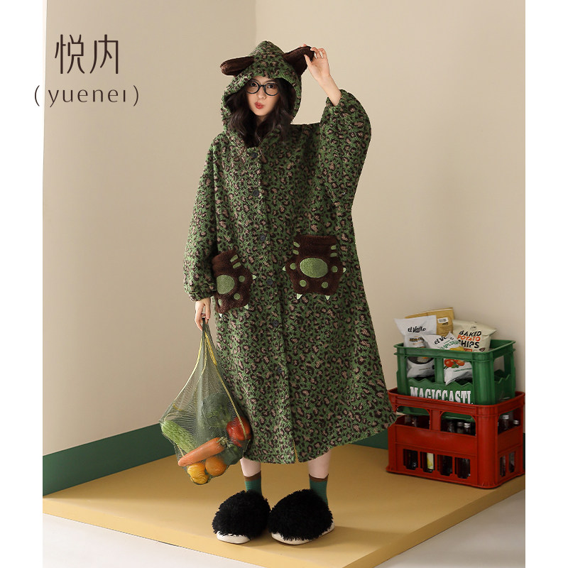悦内睡裙女款睡衣冬季法兰绒加绒加厚珊瑚绒连帽大码长款毛绒睡袍