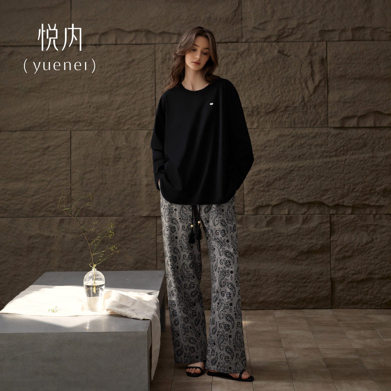 悦内带胸垫睡衣女款春秋季纯棉长袖家居服宽松休闲大码黑色可外穿