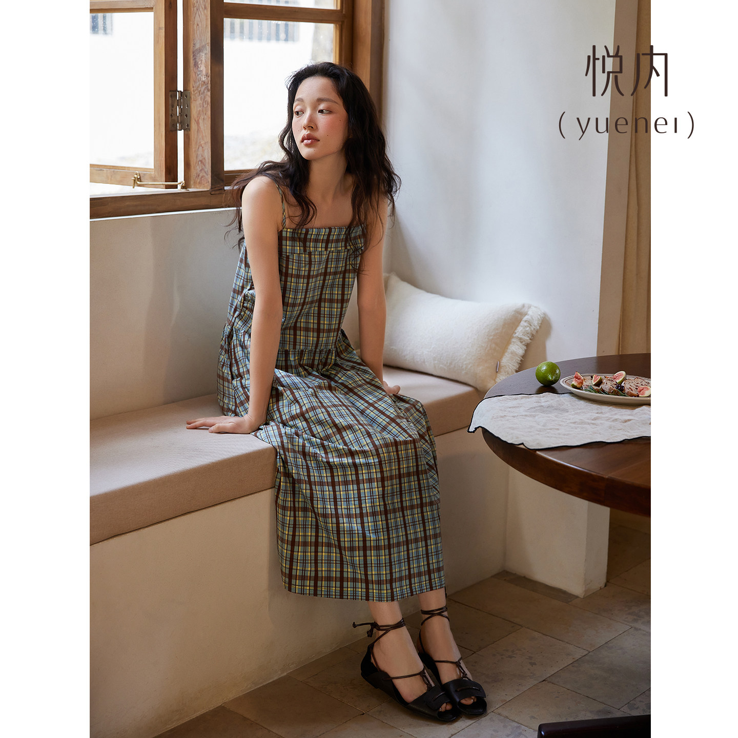 悦内带胸垫睡裙女款睡衣夏季纯棉无袖吊带背心长裙可外穿复古格纹