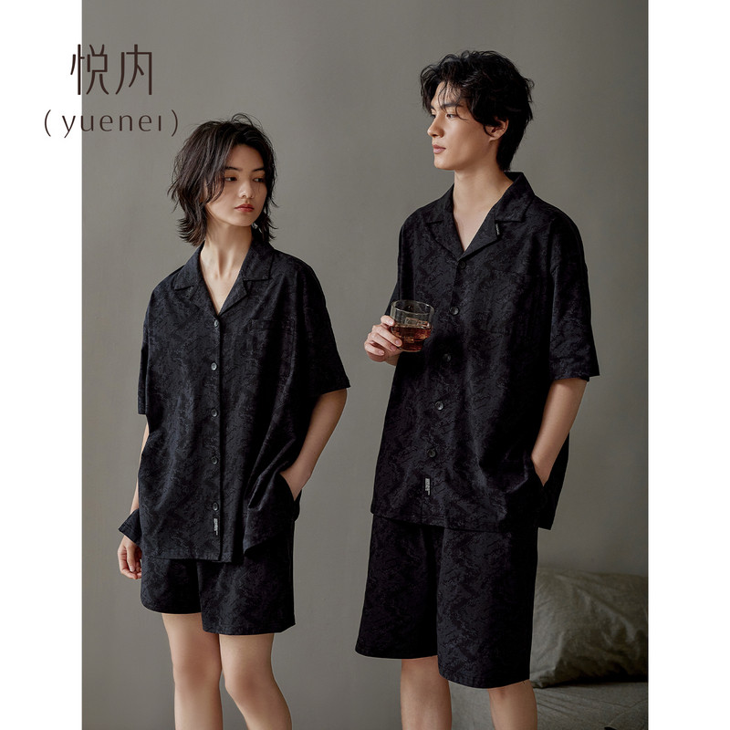 悦内情侣睡衣女夏季夏天纯棉短袖家居服男宽松休闲黑色高级感套装