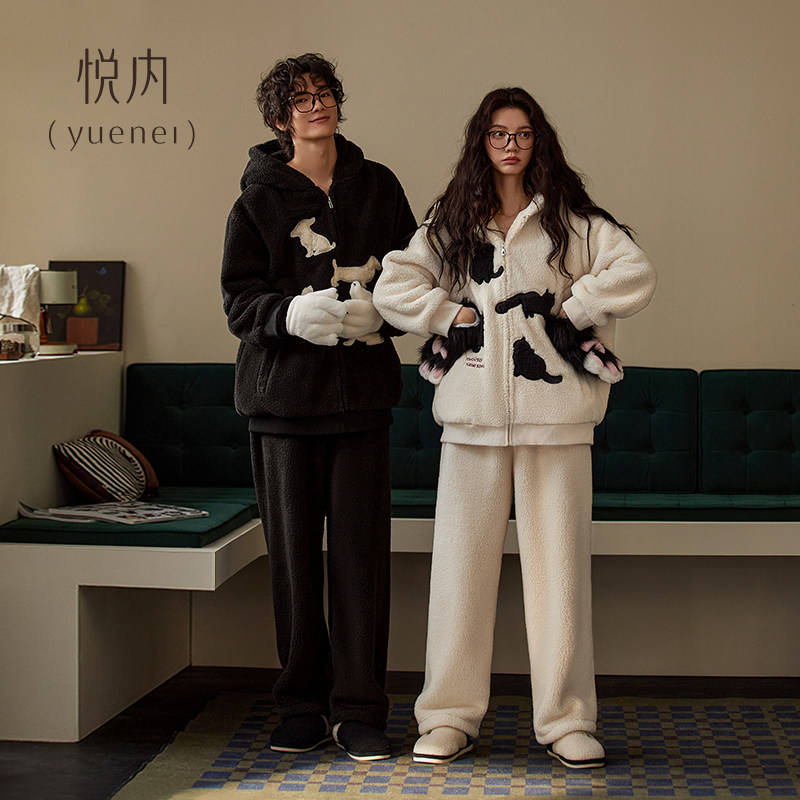 悦内情侣睡衣女冬季加厚加绒珊瑚绒保暖家居服男款大码可外穿猫咪