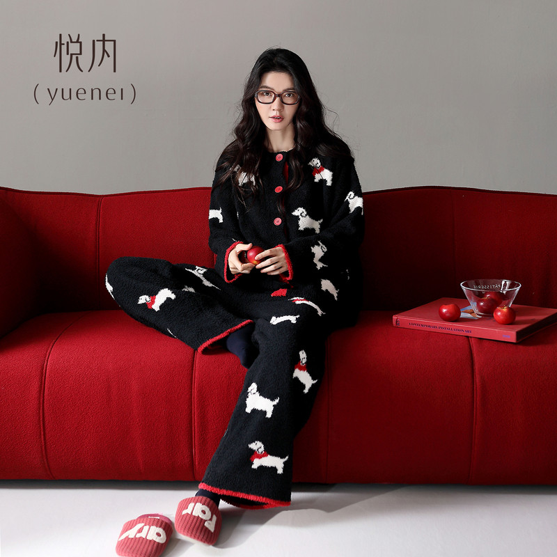 悦内半边绒睡衣女款冬季冬天珊瑚绒加厚保暖家居服大码小狗印套装