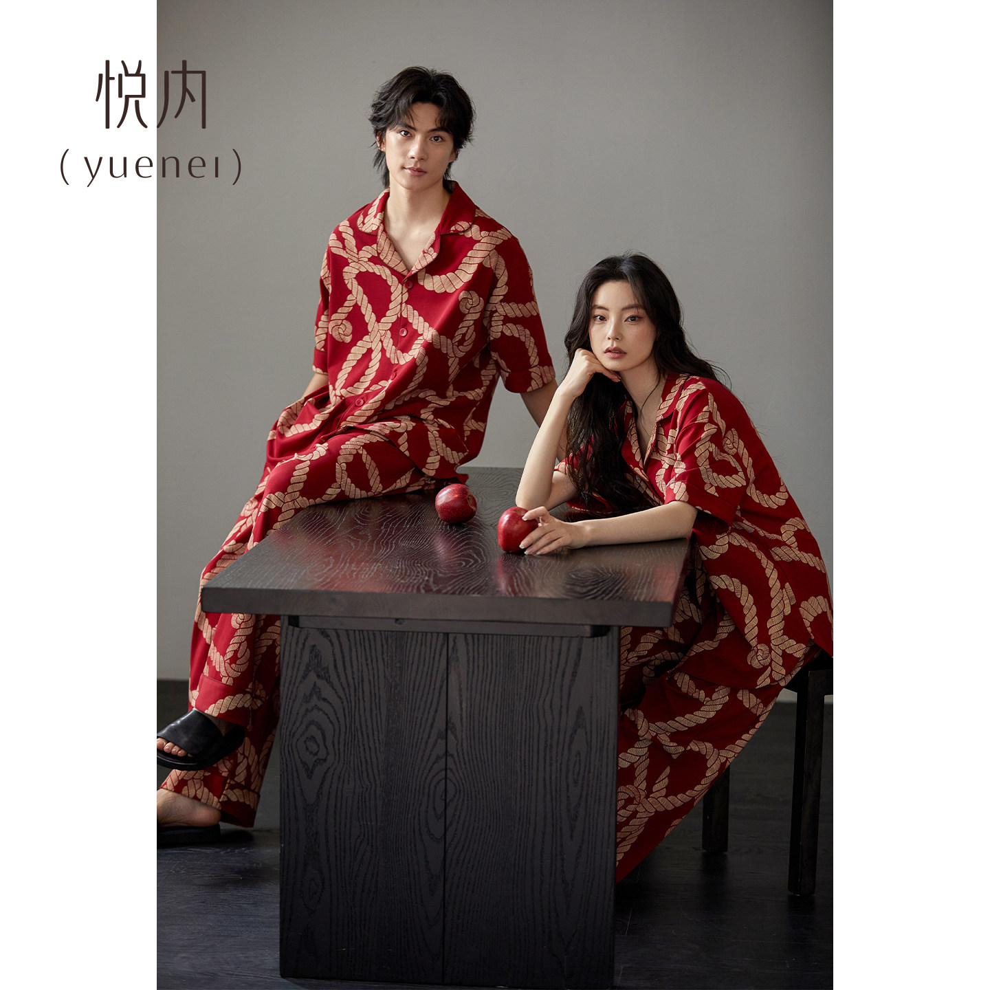 悦内情侣睡衣女夏季纯棉结婚新婚短袖家居服男红色本命年大码套装