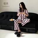 长裤 夏天纯棉短袖 家居服条纹加大码 休闲开衫 悦内睡衣女款 套装 夏季