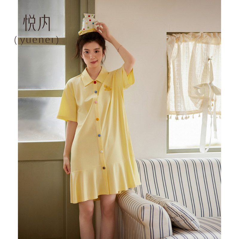 悦内睡裙女款睡衣夏季纯棉短袖中长款开衫裙子大码夏天可爱少女风