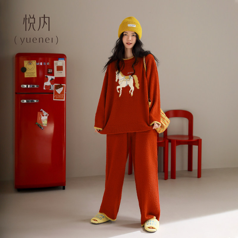 悦内半边绒睡衣女士冬季冬天加绒加厚珊瑚绒家居服红色本命年新婚