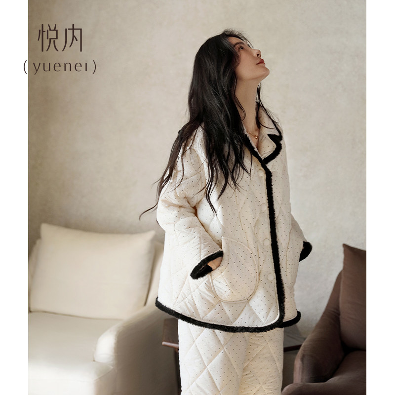 悦内睡衣女款冬天冬季法兰绒三层夹棉袄加厚保暖家居服小香风套装