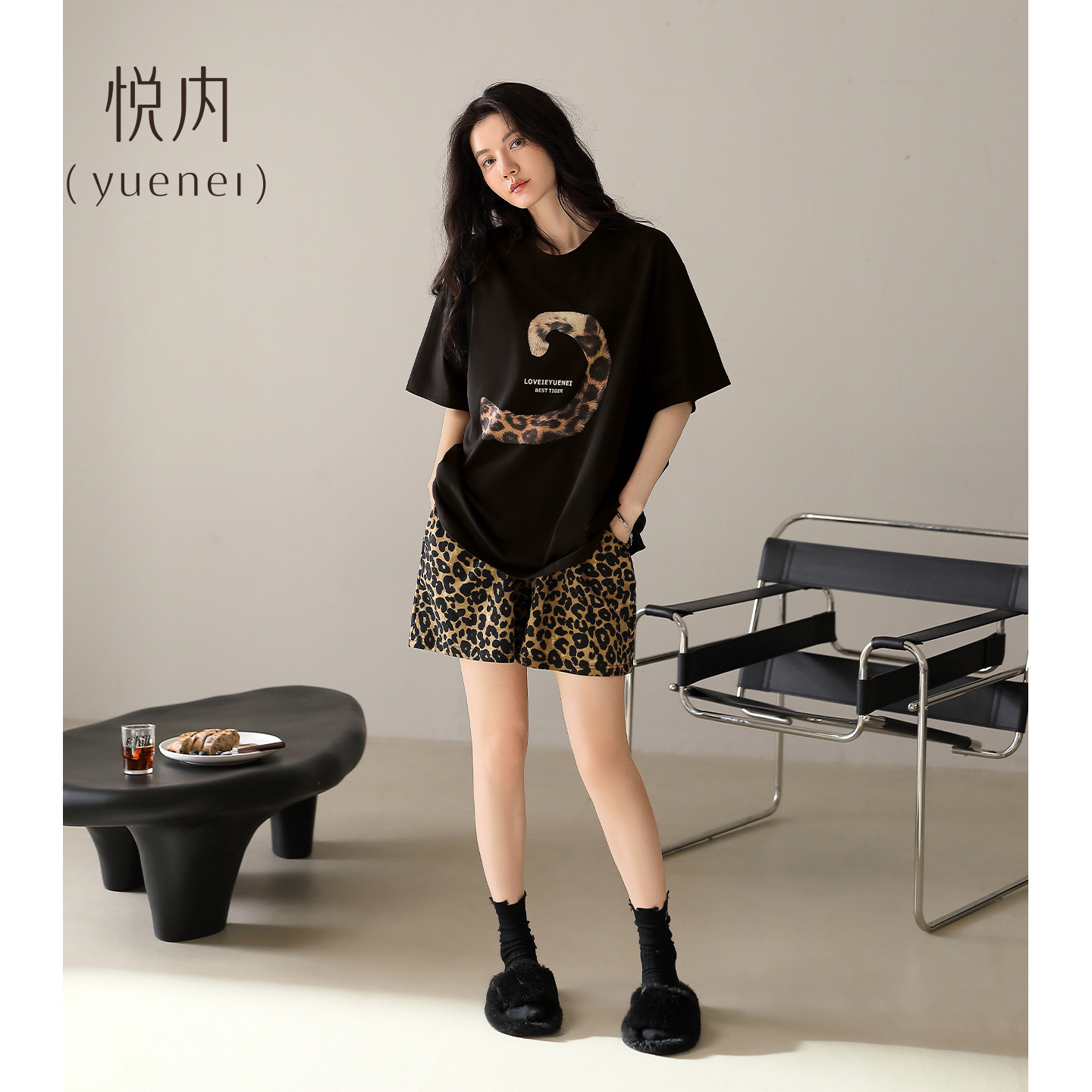 悦内睡衣女夏季夏天高品质纯棉短袖短裤家居服时尚圆领豹纹可外穿