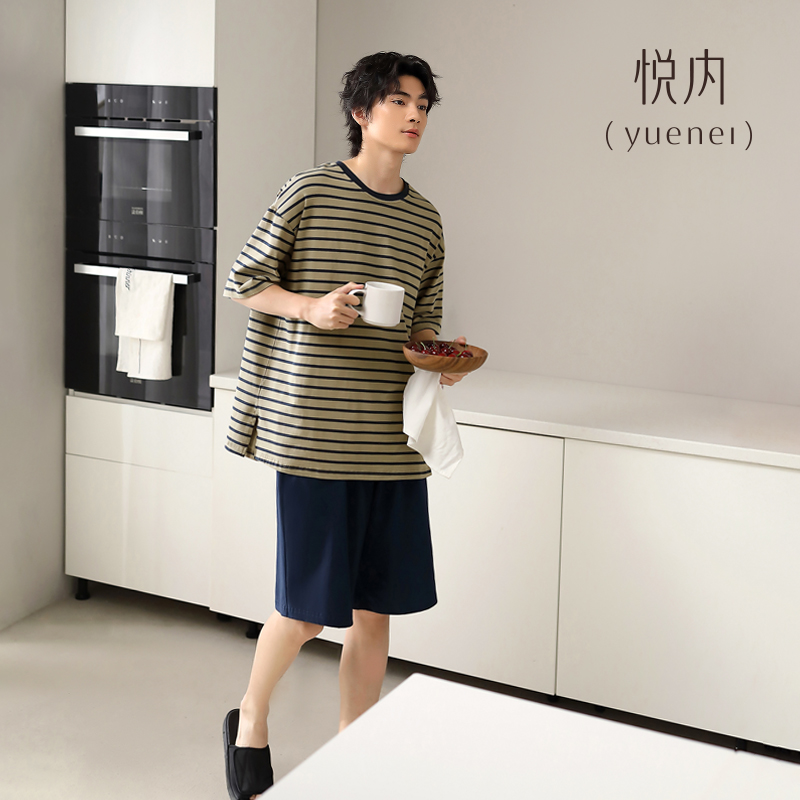 悦内睡衣男士夏季夏天纯棉短袖短裤家居服男生休闲大码条纹可外穿