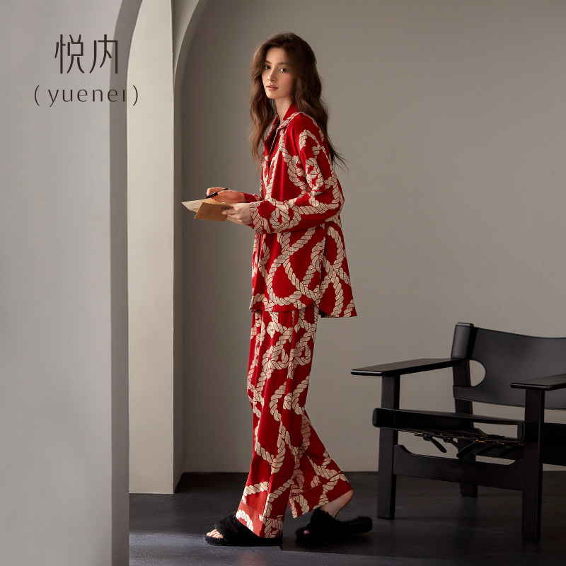 悦内睡衣女款春秋季纯棉长袖大码宽松开衫家居服可外穿红色本命年