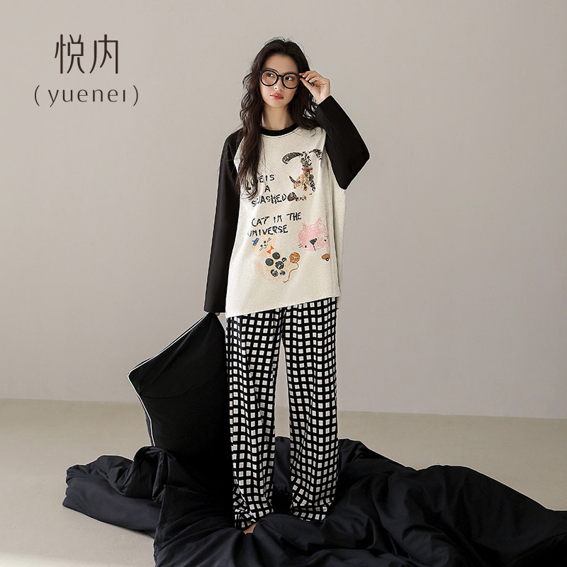 悦内睡衣女款秋季春秋纯棉长袖家居服休闲大码卡通格子圆领可外穿