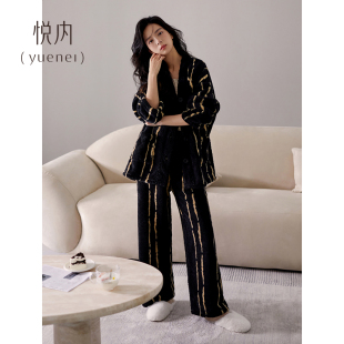 悦内睡衣女秋冬季 珊瑚绒加绒加厚法兰绒家居服可外穿黑色V领开衫