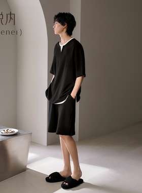 悦内睡衣男款夏季夏天款纯棉短袖短裤家居服男士黑色高级感华夫格