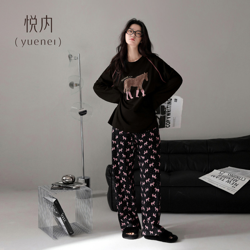 悦内睡衣女款春秋纯棉长袖长裤大码舒适居家服时尚休闲卡通小马印
