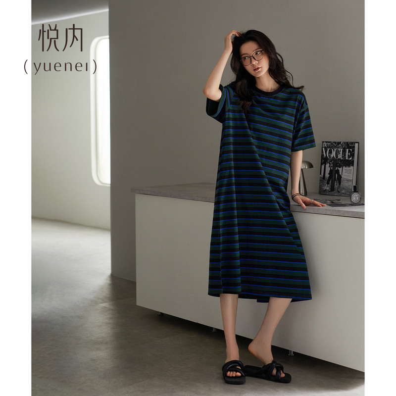 悦内睡裙女款睡衣夏季夏天纯棉短袖长款复古撞色条纹休闲大码薄款