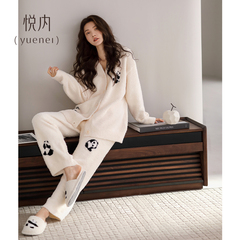 悦内半边绒睡衣女士秋冬款冬季珊瑚绒加厚加绒保暖家居服冬天熊猫