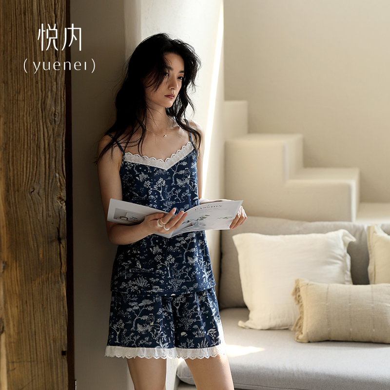 悦内带胸垫一体睡衣女款夏季夏天纯棉碎花吊带背心短裤家居服套装