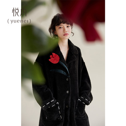 悦内睡袍女士睡衣秋冬季冬款法兰绒加厚加绒珊瑚绒浴袍家居服长款