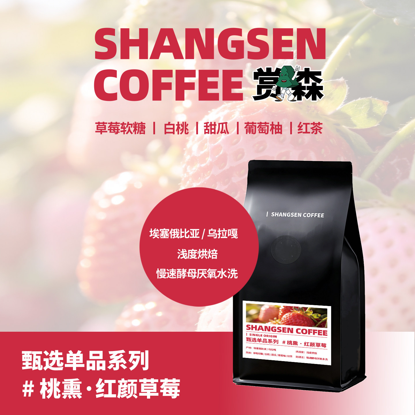 赏森桃熏埃塞乌拉嘎慢速酵母厌氧水洗手冲冷萃浅烘草莓软糖咖啡豆
