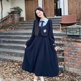 韩系减龄假两件藏蓝色长袖 学院风内搭长裙 非正式 连衣裙女2024秋季