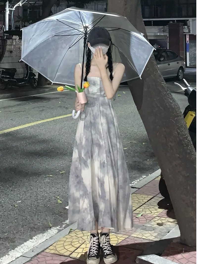 新中式国风水墨画连衣裙烟雨江南裹胸裙夏季多巴胺甜美风吊带裙子