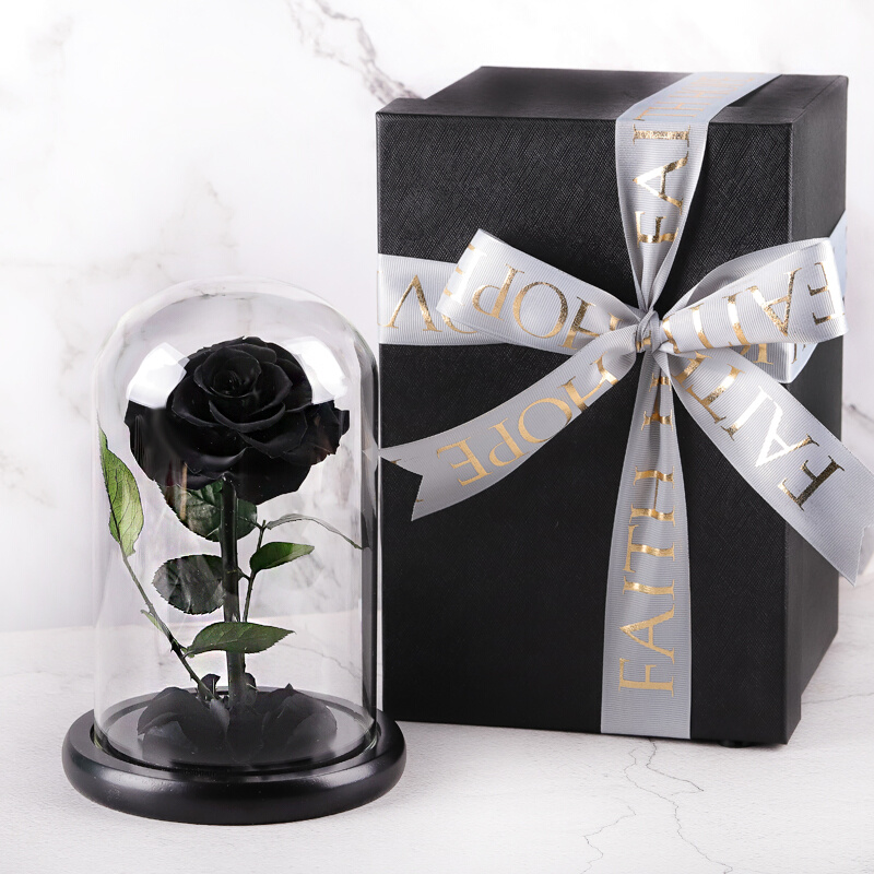 黑色玫瑰永生花礼盒玻璃罩摆件干花真花男生情人节礼物送女友生日