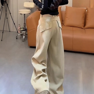 大码美式加绒工装牛仔裤女冬季胖mm梨型显瘦宽松直筒阔腿弯刀裤子