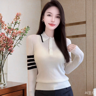 撞色条纹polo领长袖针织衫女