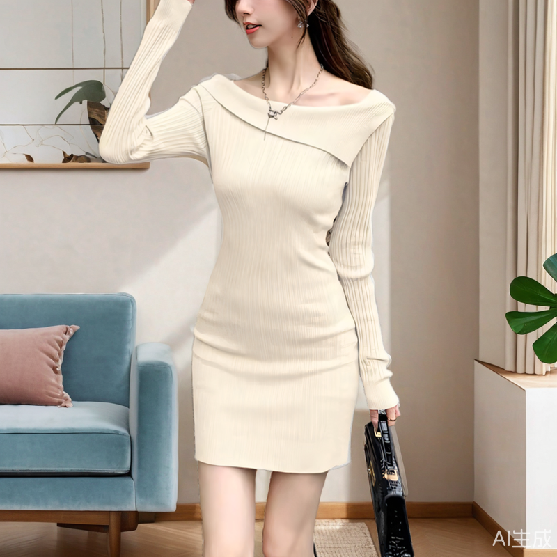 纯欲辣妹紧身包臀裙秋冬女内搭打底衫斜肩毛衣修身短款长袖连衣裙
