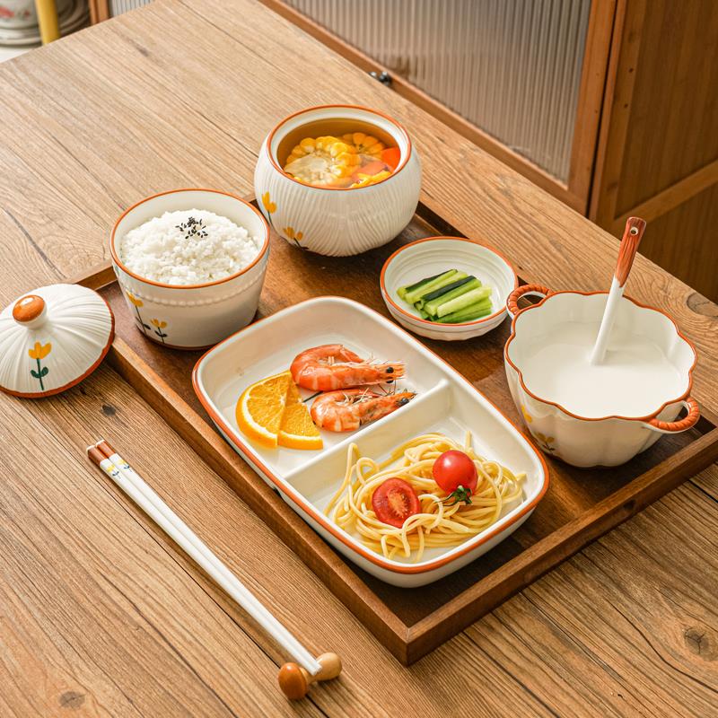 釉下彩月子餐具套装分隔餐盘分格早餐陶瓷家用一人减肥减脂分餐盘