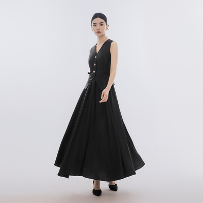 黑色假两件连衣裙西装马甲长裙
