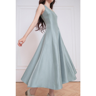 wuxian无线天蓝色法式方领连衣裙女流光缎面显瘦长裙重工名媛秋冬