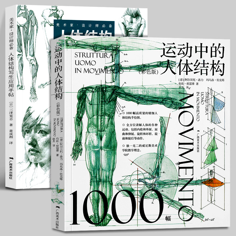 人体结构(套装2册)美术家设计师:人体结构写生应用手帖+运动中的人体结构(彩色版)艺用运动人体骨骼解剖造型设计手绘素描技法