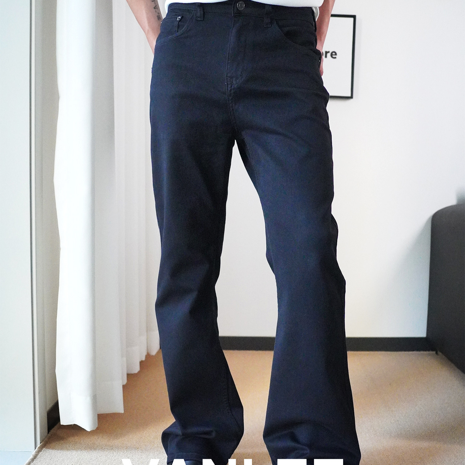 VANLEE 25ss夏季面料弹力微喇牛仔裤男直筒阔腿裤百搭长裤