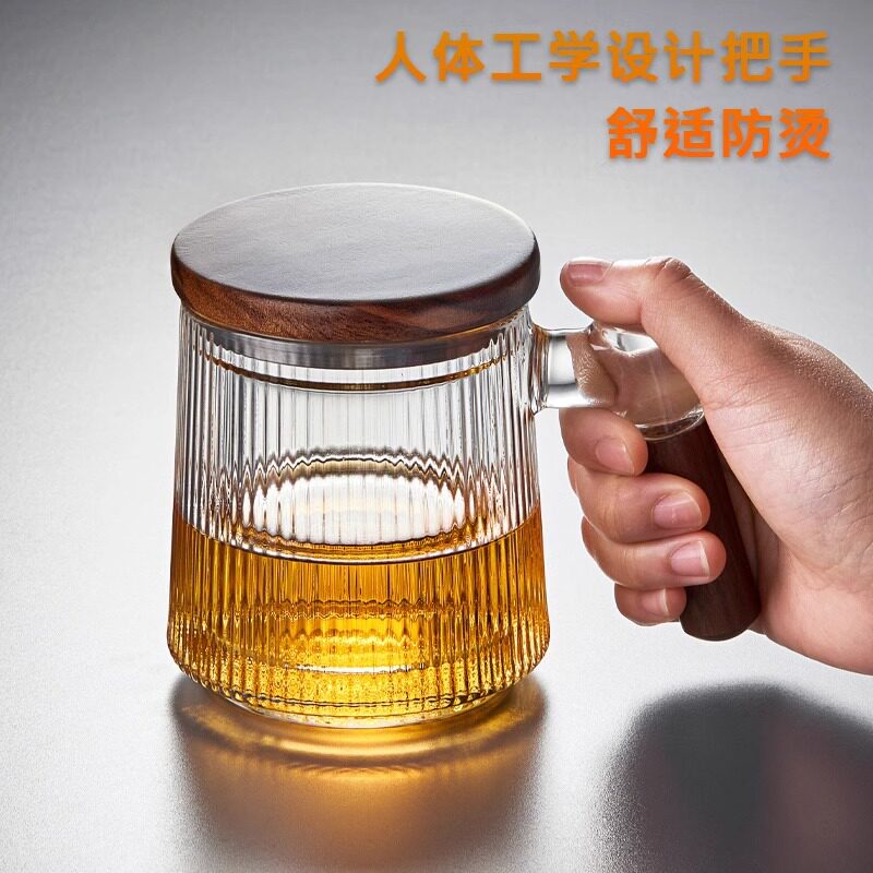 高硼硅玻璃耐高温茶杯茶水分离带内胆木盖简约大容量过滤茶叶茶壶