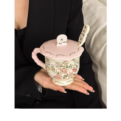 漂亮喝水杯子可爱设计感卡通花间兔马克杯大容量陶瓷杯子带盖勺精