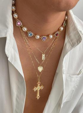 欧美锁小众个高性镶钻十字架吊坠项链男嘻哈心级感爱宝石05973骨