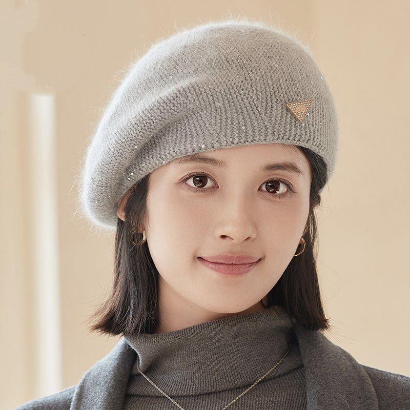 兔毛显瘦女秋冬季保暖百搭画家洋气蓓蕾针织毛线帽显脸
