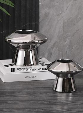 现创意电品镀银陶代瓷蘑菇花瓶摆件色客厅桌面插花HUG器饰软装干