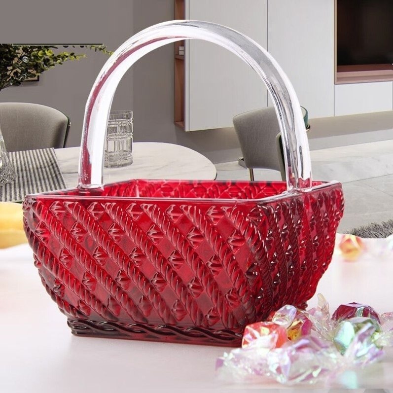 红色提篮玻璃糖缸个性糖果篮家用客厅茶几干果盘手提玻璃水果篮