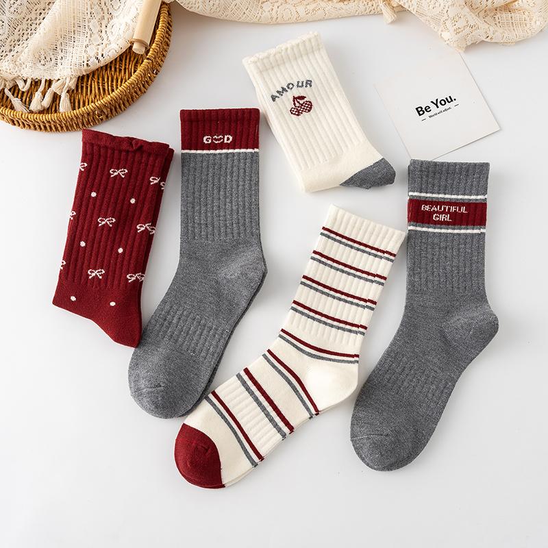 纱线条纹ins网红款高筒袜纯棉